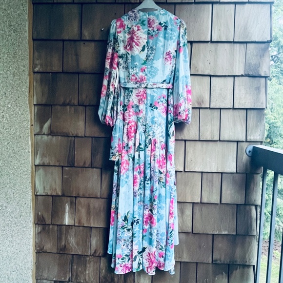 Eliza J Floral Metallic Surplice V Neck Long Sleeve High Low Wrap Maxi Dress 6 - Picture 12 of 16